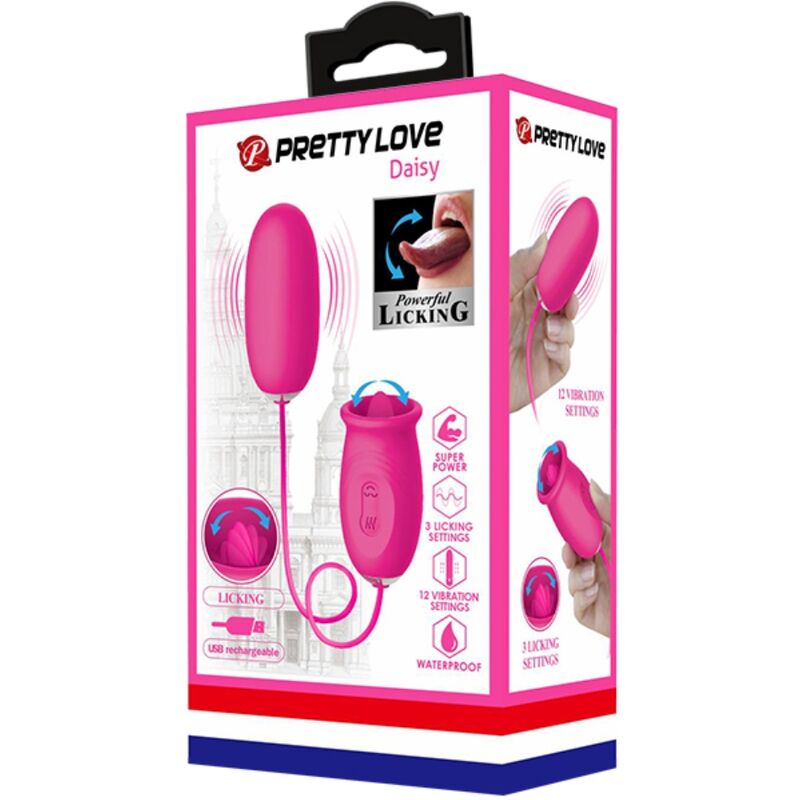 Vibrador huevo Daisy de PRETTY LOVE y lengua estimuladora de clítoris rosa, con diseño compacto y elegante.