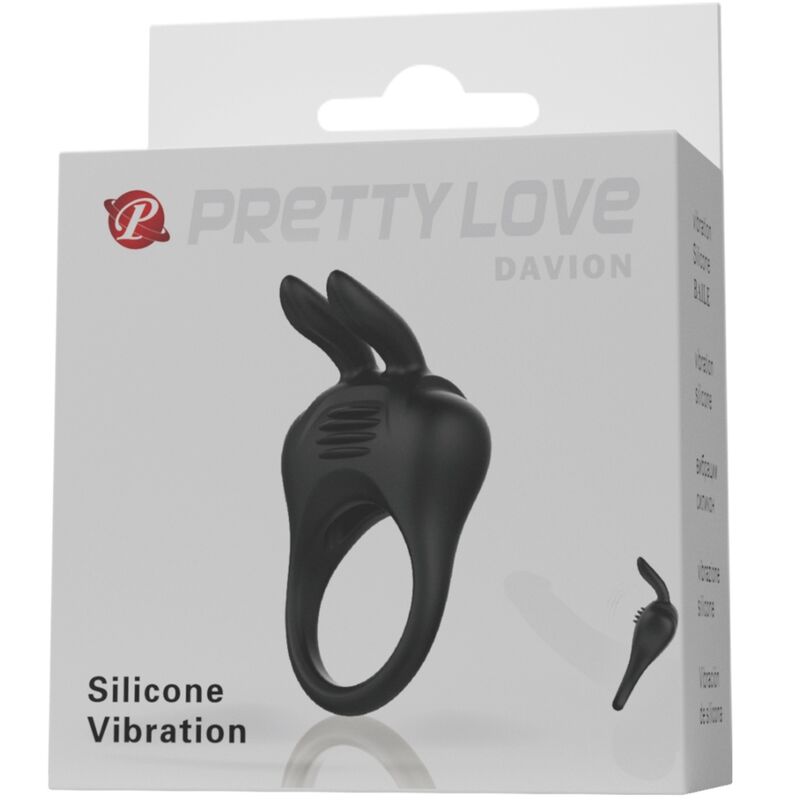 Pretty Love Davion Rabbit Vibrator Ring with dual stimulation features and a sleek design on a white background.