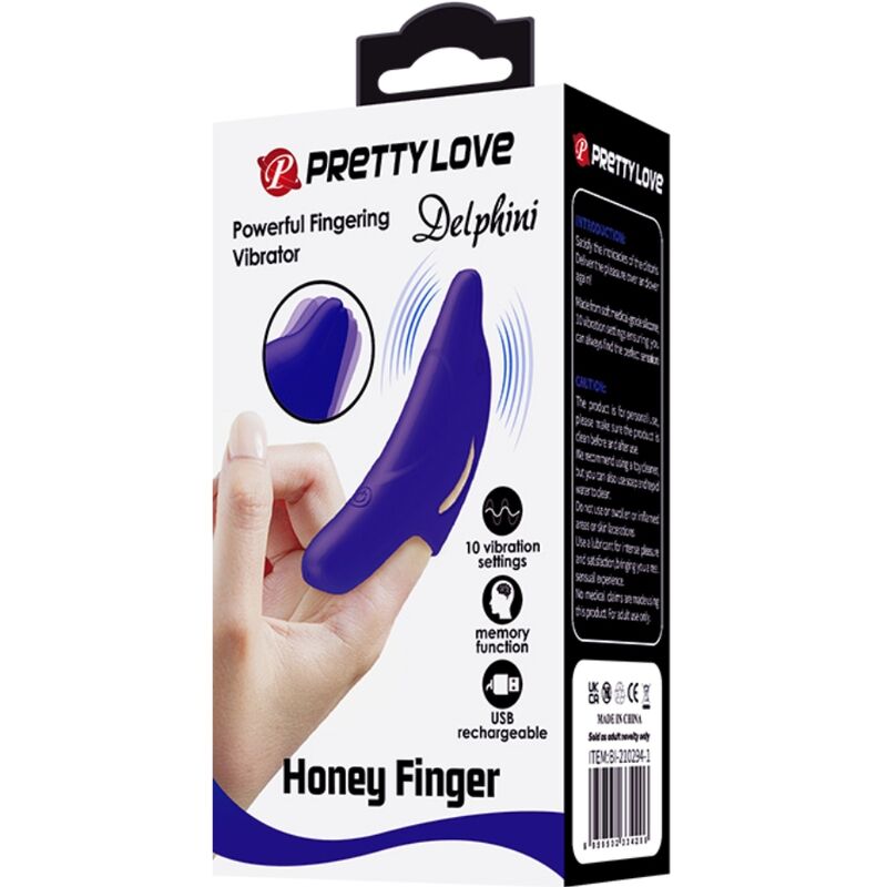 Estimulador de dedo PRETTY LOVE Delphini en color azul oscuro, diseño compacto y ergonómico para placer y estimulación.