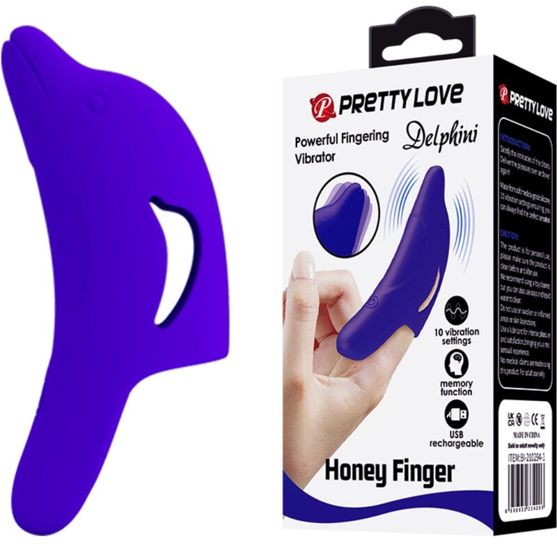 Estimulador de dedo PRETTY LOVE Delphini, en color azul oscuro, con diseño ergonómico y superficie texturizada para placer.