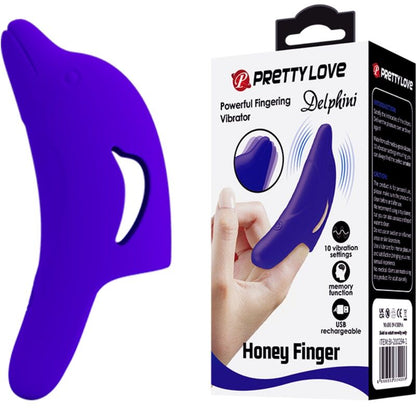 Estimulador de dedo PRETTY LOVE Delphini, en color azul oscuro, con diseño ergonómico y superficie texturizada para placer.