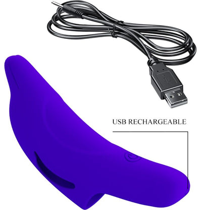 Estimulador de dedo PRETTY LOVE Delphini de color azul oscuro, diseño compacto y ergonómico para estimulación personal.