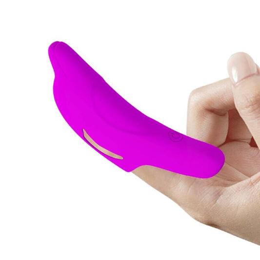 Estimulador de dedo morado Pretty Love Delphini, compacto y recargable, diseñado para placer y estimulación en pareja o individual.
