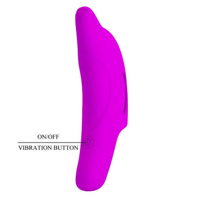 Estimulación de dedo con vibrador morado PRETTY LOVE DELPHINI, compacto y potente, diseñado para placer y sensibilidad.