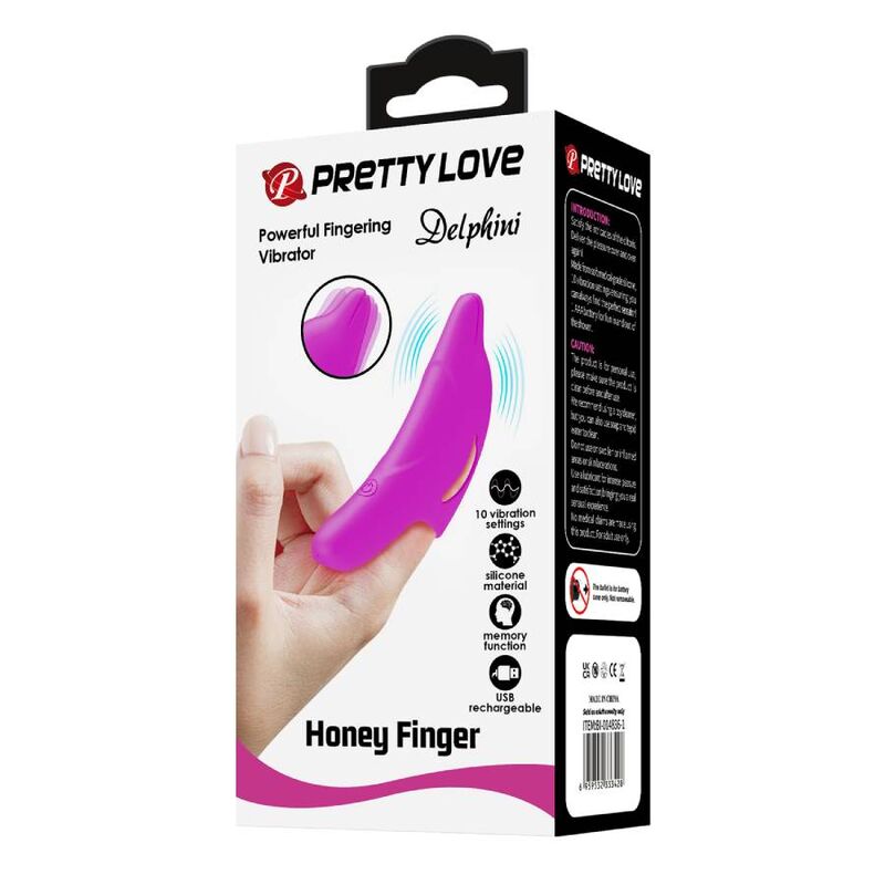 Estimulator de dedo morado PRETTY LOVE DELPHINI, pequeño y potente, diseñado para estimulación y placer personal.