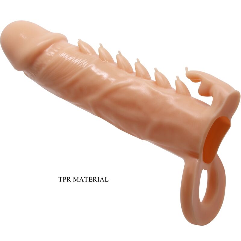 Funda para pene PRETTY LOVE Emmit y estimulador de clítoris natural, en color transparente, con textura suave y diseño ergonómico