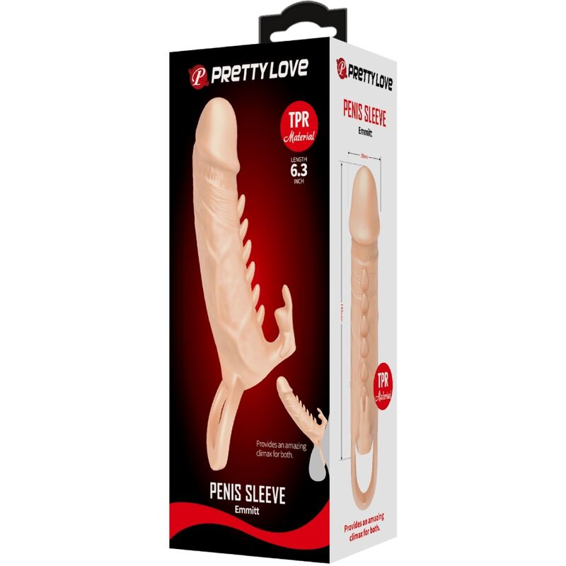 Funda para pene PRETTY LOVE Emmit y estimulador de clítoris natural, con textura y diseño ergonómico para placer y estimulación.