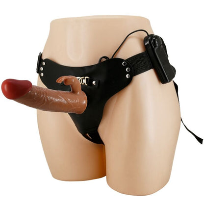 Ropa interior harness Pretty Love Marion con dildo vibrador de 19 cm en color mulato, diseñada para placer y comodidad.