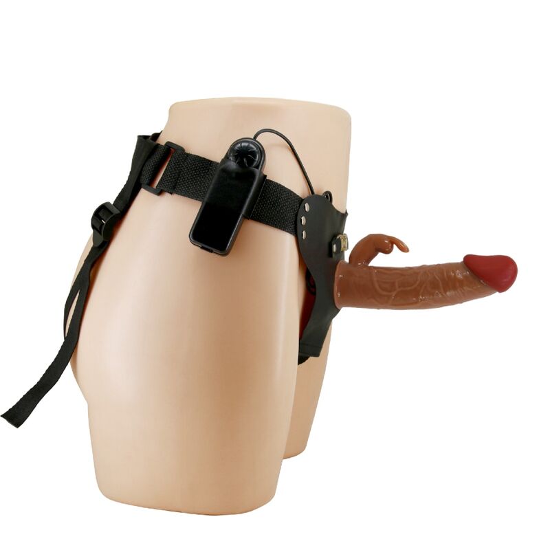 Ropa interior tipo cinturilla con dildo vibrador de 19 cm en color mulato, marca Pretty Love, para uso íntimo y placer.