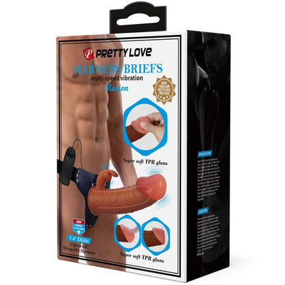 Ropa interior tipo arnés de la marca PRETTY LOVE, con dildo vibrador de 19 cm en color marrón para uso íntimo.