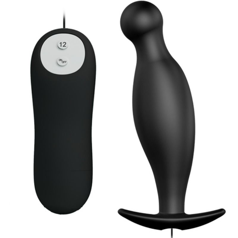 Plug anal de silicona de PRETTY LOVE con 12 modos de vibración en negro, diseñado para placer y comodidad.