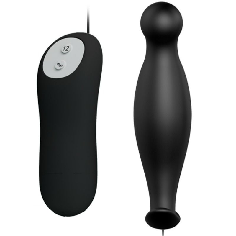Plug anal de silicona PRETTY LOVE con 12 modos de vibración en color negro, diseñado para placer y comodidad.