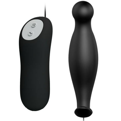 Plug anal de silicona PRETTY LOVE con 12 modos de vibración en color negro, diseñado para placer y comodidad.