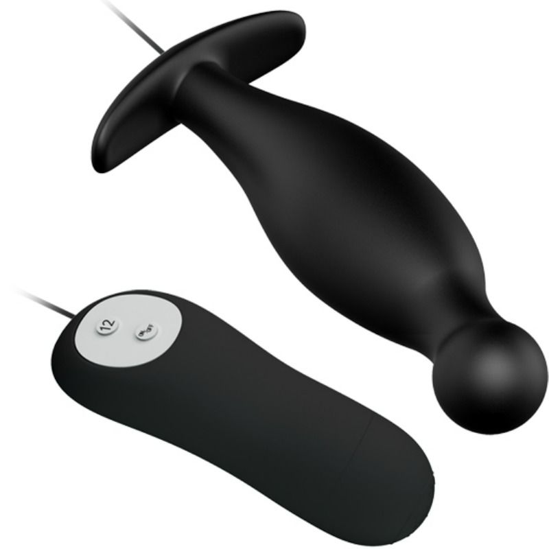 Plug anal de silicona PRETTY LOVE negro con 12 modos de vibración, diseño ergonómico y suave para uso cómodo.