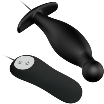 Plug anal de silicona PRETTY LOVE negro con 12 modos de vibración, diseño ergonómico y suave para uso cómodo.