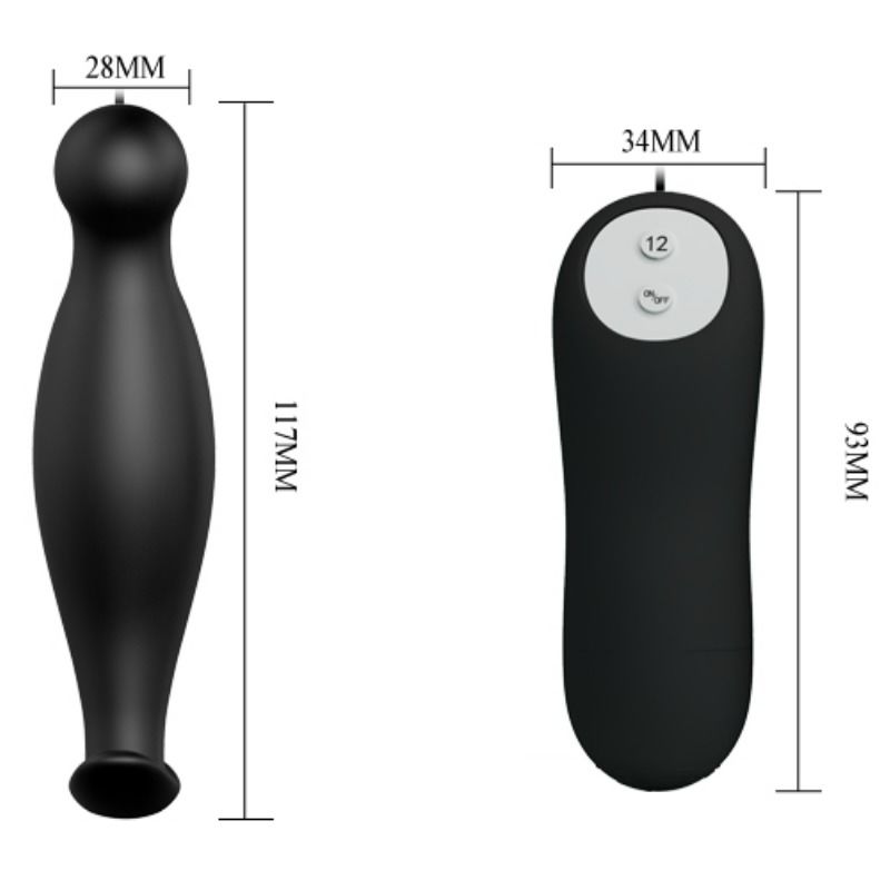 Plug anal de silicona PRETTY LOVE con 12 modos de vibración en color negro, diseñado para placer y comodidad.