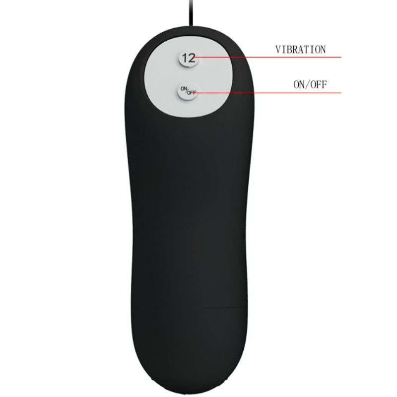 Plug anal de silicona de PRETTY LOVE con 12 modos de vibración en color negro, diseño ergonómico y suave para uso cómodo.