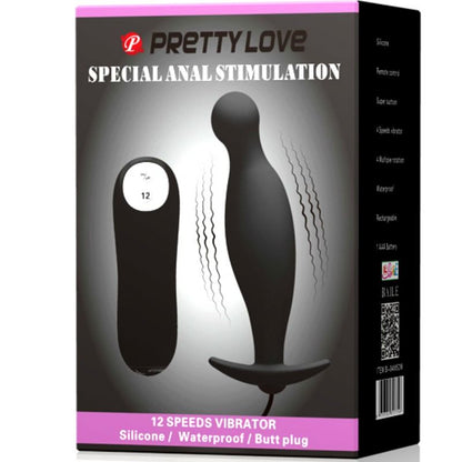 Plug anal de silicona PRETTY LOVE con 12 modos de vibración en color negro, diseñado para placer y comodidad.