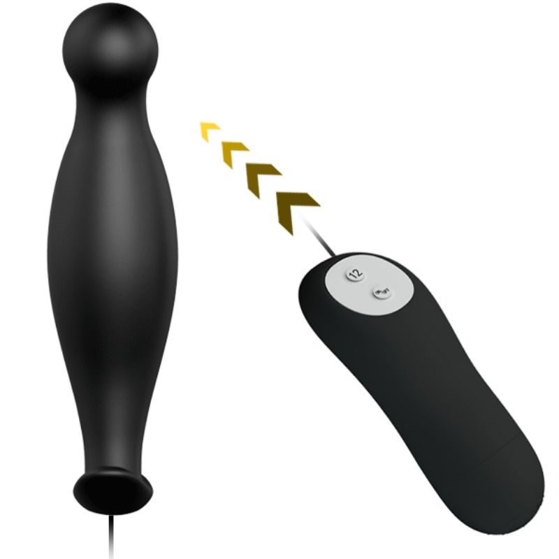 Plug anal de silicona PRETTY LOVE con 12 modos de vibración, en color negro, diseñado para placer y comodidad.