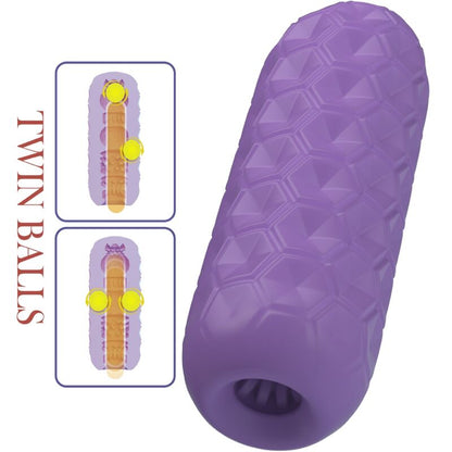 Masturbador masculino Pretty Love Twin Balls en color morado, con diseño de bolas gemelas y textura interior para mayor placer.