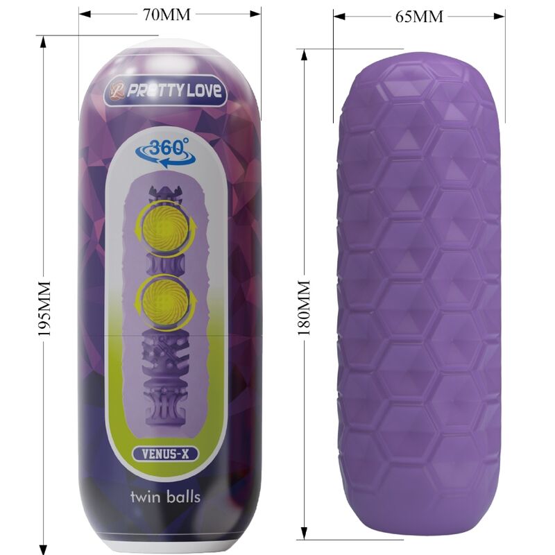 Masturbador masculino Pretty Love Twin Balls de color morado, con textura realista y diseño anatómico para mayor placer.