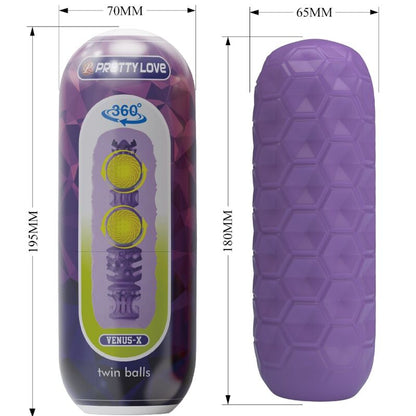 Masturbador masculino Pretty Love Twin Balls de color morado, con textura realista y diseño anatómico para mayor placer.