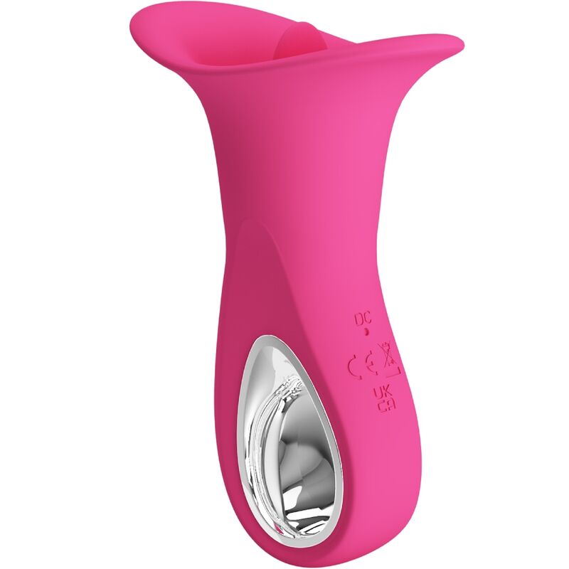 Vibrador oral Pretty Love Clyde de color rosa con 12 modos de vibración y lengua vibradora, para placer íntimo.