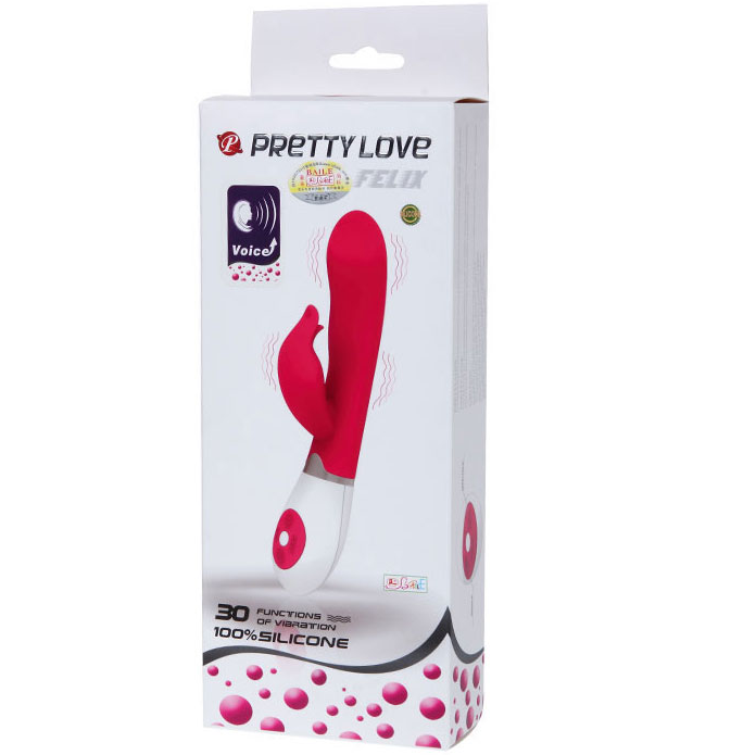 Pretty Love Flirtation Felix voice-activated vibrator with sleek design and vibrant colors displayed on a white background.