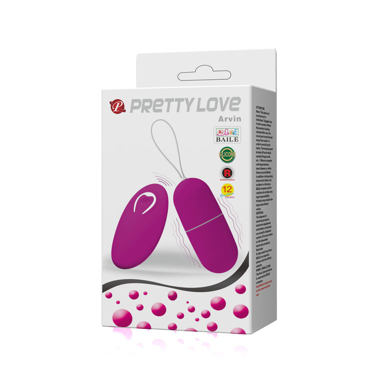 Huevo vibrador Pretty Love Arvin con control remoto, diseño discreto y funcional, en color negro, ideal para placer íntimo.