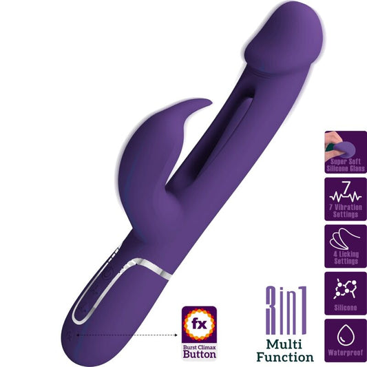 Vibrador rabbit 3 en 1 de Pretty Love Flirtation en color violeta, con funciones multifunción y lengua para estimulación.