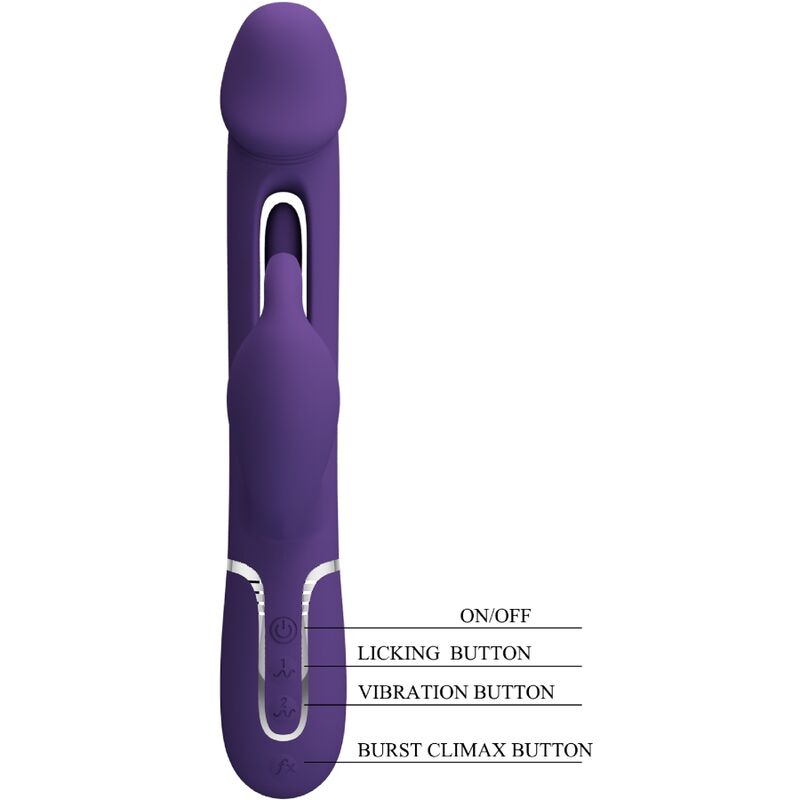 Vibrador rabbit 3 en 1 de Pretty Love Flirtation con lengua vibratoria y diseño en color violeta, para placer multifunción.