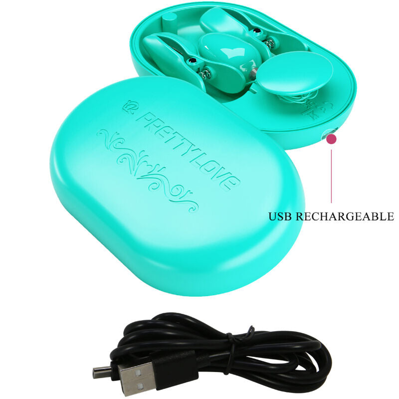 Pinzas de electroestimulación Pretty Love Flirtation en caja sorpresa, color azul, diseño para placer y estimulación íntima.