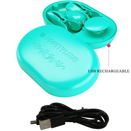 Pinzas de electroestimulación Pretty Love Flirtation en caja sorpresa, color azul, diseño para placer y estimulación íntima.