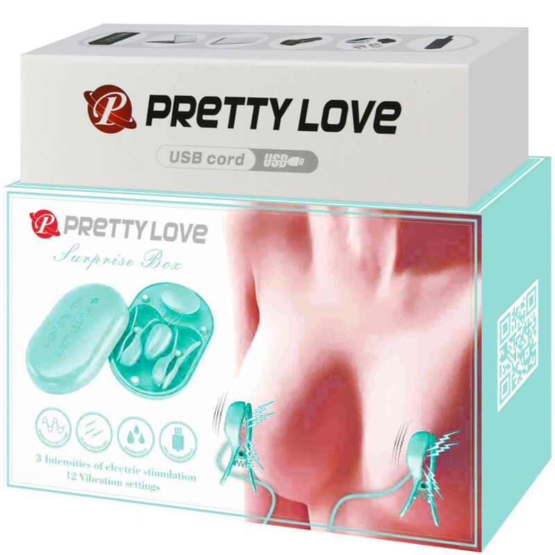 Pinzas de electroestimulación Pretty Love Flirtation en caja sorpresa, color azul, diseñada para estimulación sensual.