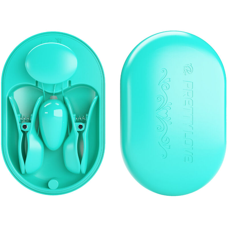 Pinzas de electroestimulación PRETTY LOVE Flirtation en caja sorpresa de color azul, ideales para placer y estimulación íntima.
