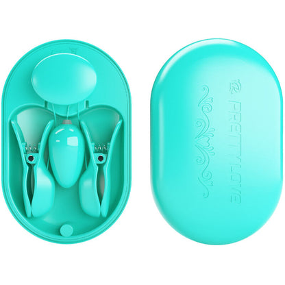 Pinzas de electroestimulación PRETTY LOVE Flirtation en caja sorpresa de color azul, ideales para placer y estimulación íntima.