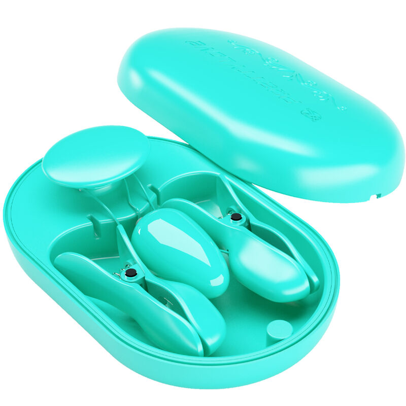 Pinzas de electroestimulación de color azul de la marca PRETTY LOVE FLIRTATION en caja sorpresa.