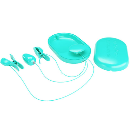 Pinzas de estimulación eléctrica Pretty Love Flirtation en color azul, en caja sorpresa para placer y sensaciones intensas.