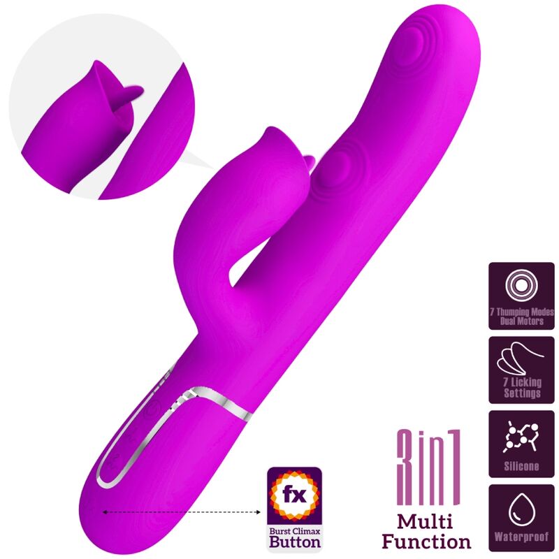 Vibrador rabbit con licking fucsia de la marca PRETTY LOVE FLIRTATION, diseño ergonómico y color vibrante para placer.