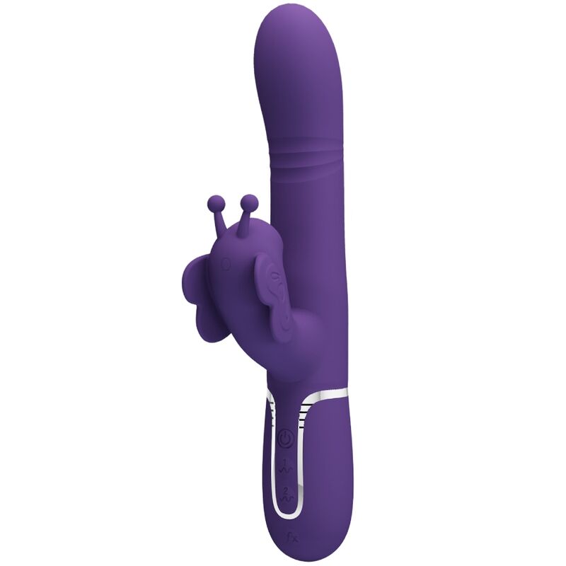 Vibrador rabbit multifunción 4 en 1 de color morado de la marca Pretty Love Flirtation, con forma de mariposa.