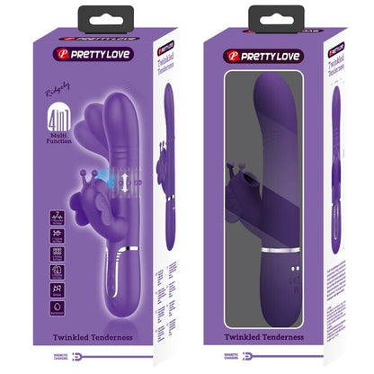 Vibrador rabbit multifunción 4 en 1 de la marca Pretty Love Flirtation en color morado, con forma de mariposa y diseño ergonómico.