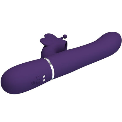 Vibrador rabbit multifunción 4 en 1 de color morado de la marca PRETTY LOVE FLIRTATION, con forma de mariposa y detalles en rosa.