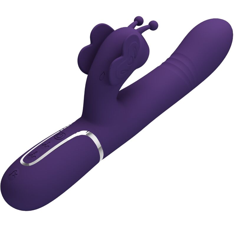 Vibrador rabbit multifunción 4 en 1 marca PRETTY LOVE FLIRTATION en color morado, con forma de mariposa y diseño elegante.