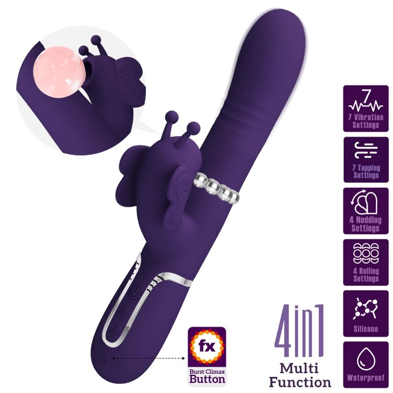 Vibrador rabbit multifunción 4 en 1 de Pretty Love Flirtation en color morado, con forma de mariposa y diseño ergonómico.