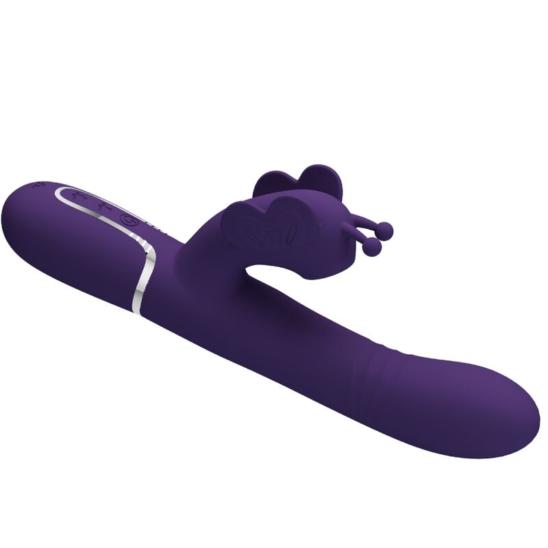 Vibrador rabbit multifunción 4 en 1 de Pretty Love Flirtation, mariposa morada, con diseño ergonómico y textura suave.