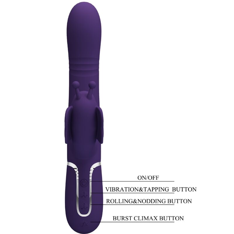 Vibrador rabbit multifunción 4 en 1 de color morado de la marca Pretty Love Flirtation, con diseño de mariposa.