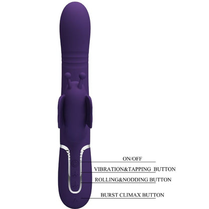 Vibrador rabbit multifunción 4 en 1 de color morado de la marca Pretty Love Flirtation, con diseño de mariposa.