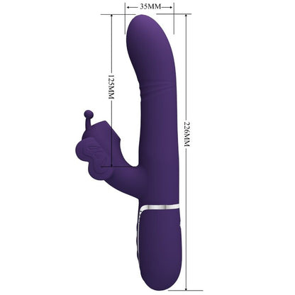 Vibrador rabbit multifunción 4 en 1 de Pretty Love Flirtation, diseño de mariposa morada, con textura y controles.