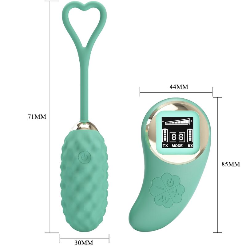 Vibrador huevo control remoto verde de la marca PRETTY LOVE LED, diseño compacto y elegante para placer íntimo.