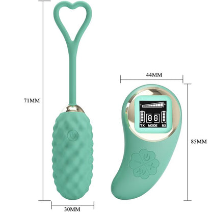 Vibrador huevo control remoto verde de la marca PRETTY LOVE LED, diseño compacto y elegante para placer íntimo.